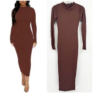 Naked Wardrobe Womens Sculpt Mock Neck‎ Long Sleeve Bodycon Maxi Dress Size S